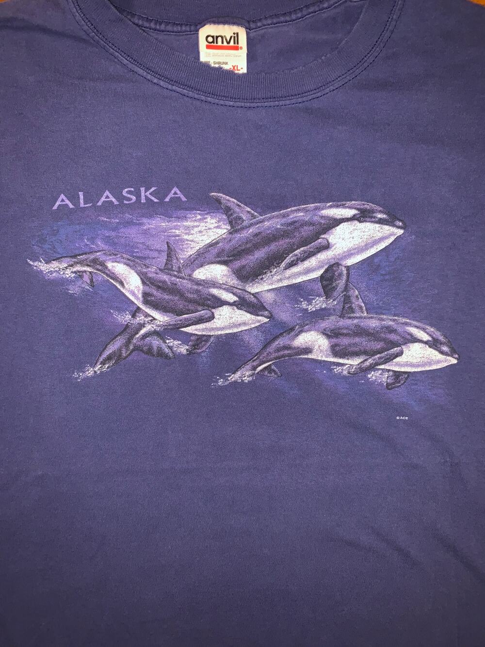 Alaska Orca Killer Whale Graphic T-Shirt Blue Anvil Mens XL Nature